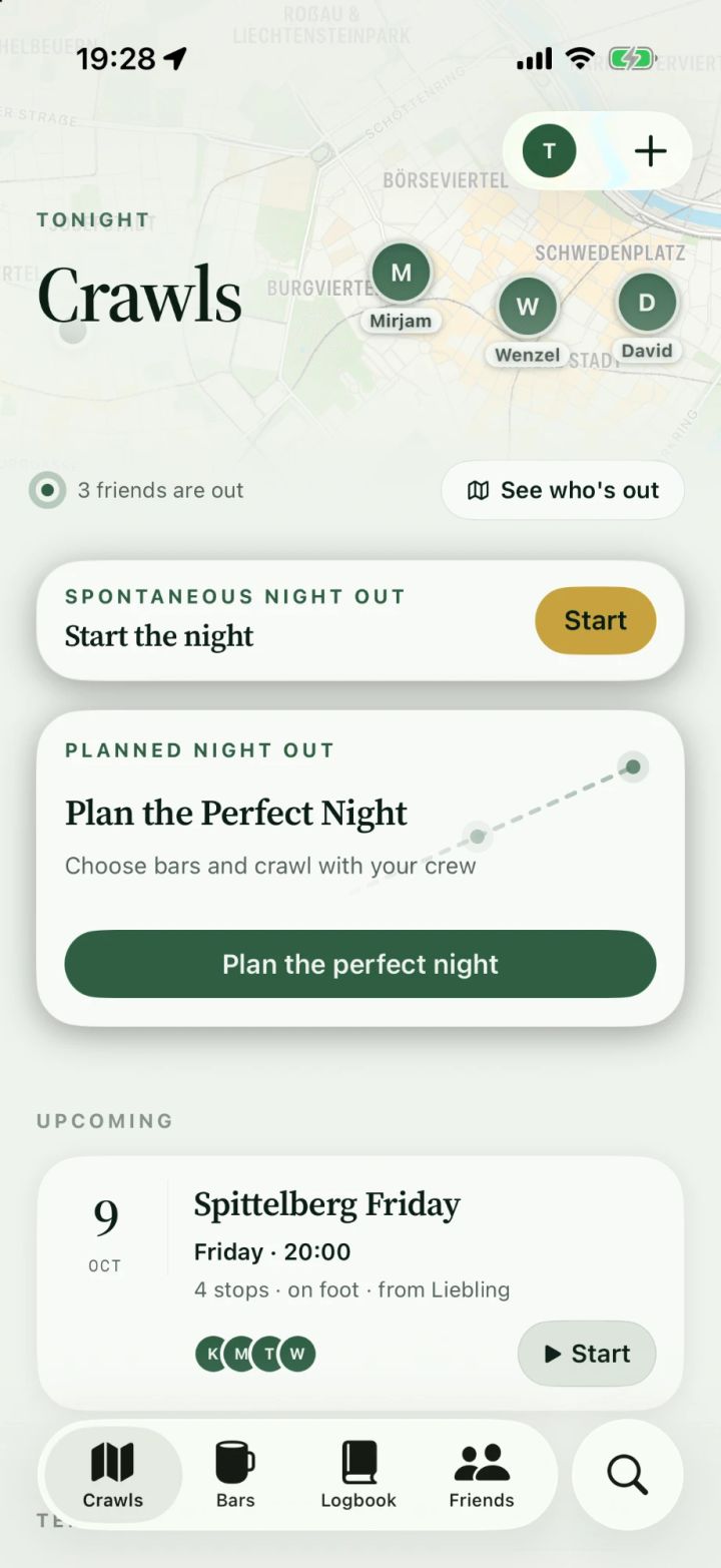 Beisl Crawls screen: three friends out tonight on a map, start a spontaneous night out or plan the perfect night, and the next crawl coming up, Spittelberg Friday.