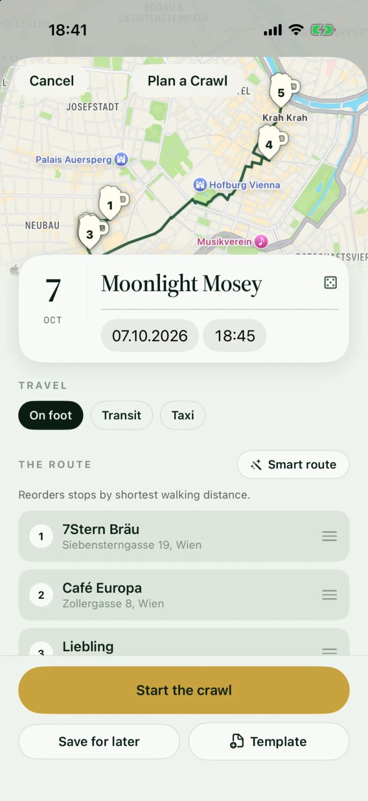 Beisl Plan a Crawl: the Moonlight Mosey route through Vienna on a map, travel on foot, by transit or taxi, and the stops in order.